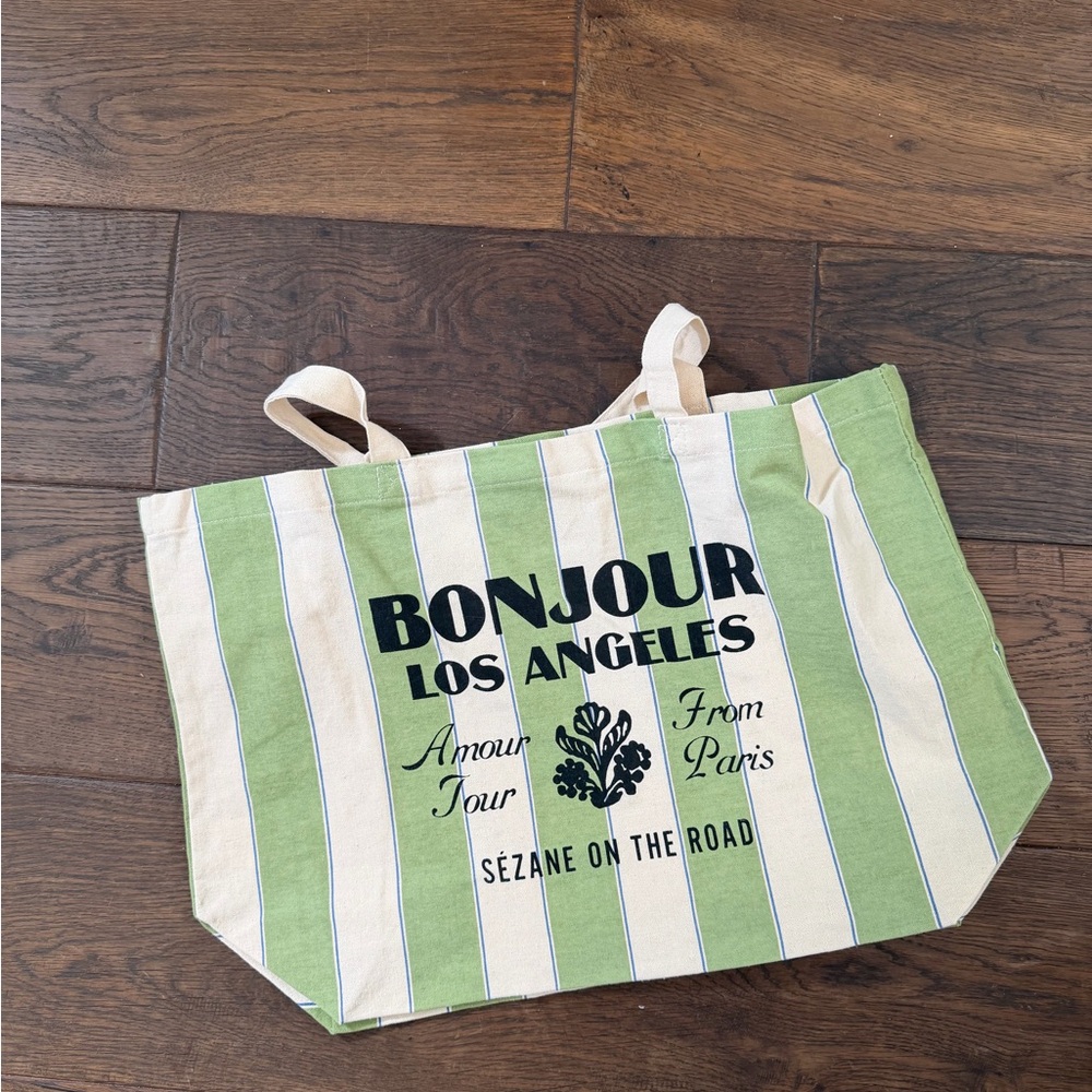 Sézane Green and Cream Tote Bag